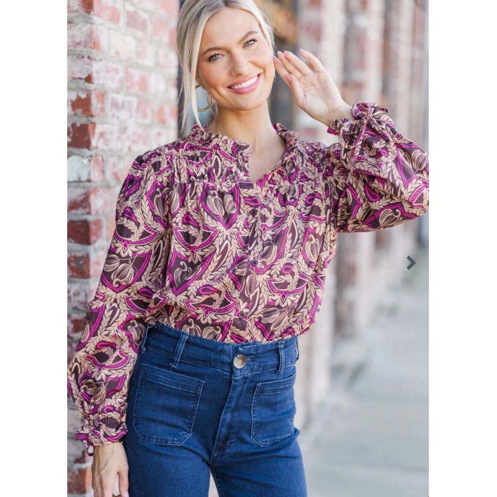 Strut & Bolt Get Familiar‎ Brown Floral Smocked Ruffle Neck Blouse Sz S NWT
